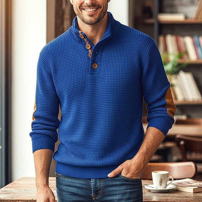 Knit Button Sweater Men's Grey Waffle Stand Collar Pullover – Casual, Office, Holiday, Gift