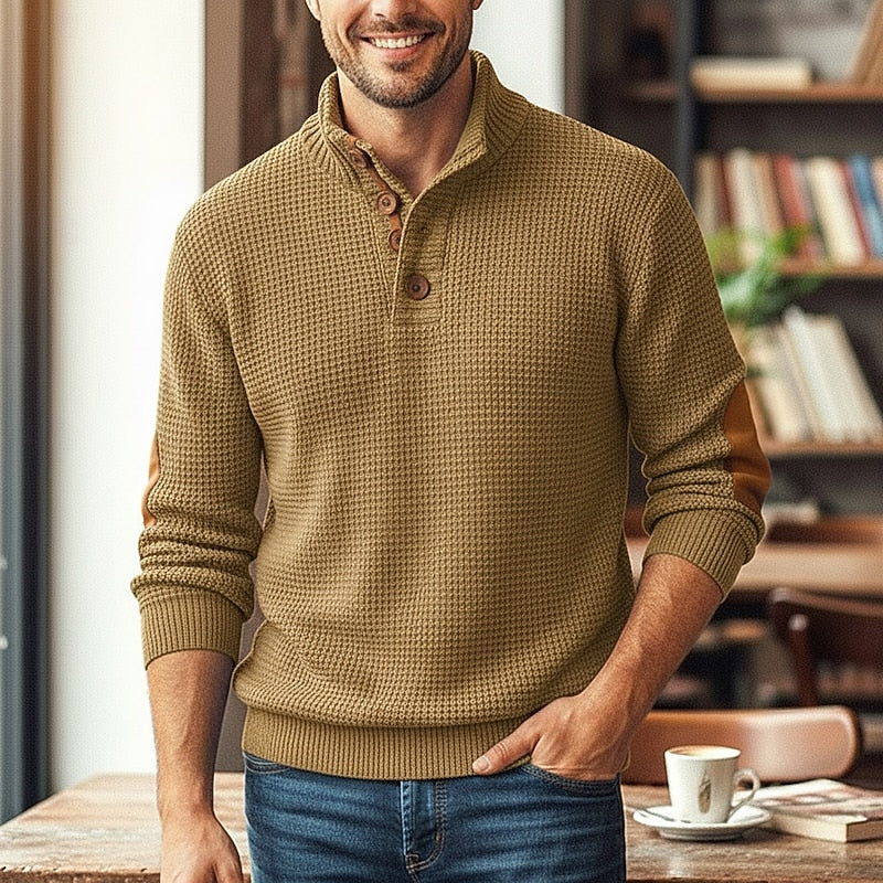 Knit Button Sweater Men's Grey Waffle Stand Collar Pullover – Casual, Office, Holiday, Gift