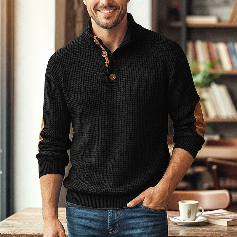 Knit Button Sweater Men's Grey Waffle Stand Collar Pullover – Casual, Office, Holiday, Gift