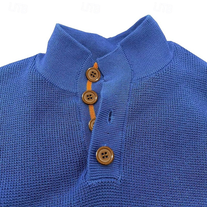 Knit Button Sweater Men's Grey Waffle Stand Collar Pullover – Casual, Office, Holiday, Gift