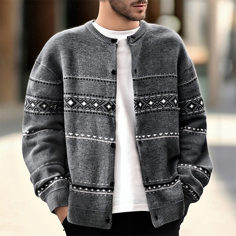 Knit Cardigan Grey Fair Isle Pattern Men's Button-Up Sweater – Casual, Holiday, Winter, Gift