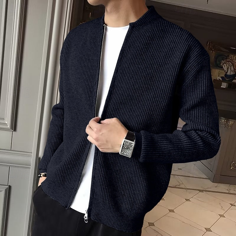 Knit Cardigan Ribbed Grey Zip-Front Men's – Casual, Office, Holiday, Gift · Werune