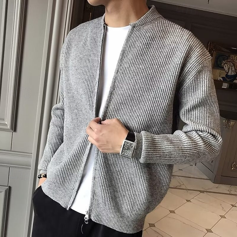 Knit Cardigan Ribbed Grey Zip-Front Men's – Casual, Office, Holiday, Gift · Werune