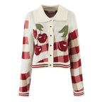 Knitted Cardigan Cherry Gingham Collared Women's Cropped Button-Up – Casual, Holiday, Gift