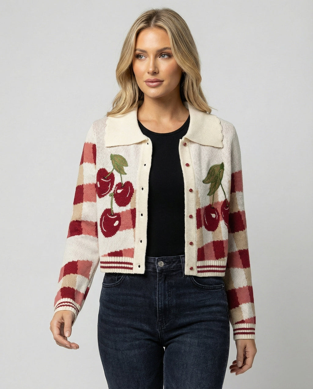 Knitted Cardigan Cherry Gingham Collared Women's Cropped Button-Up – Casual, Holiday, Gift