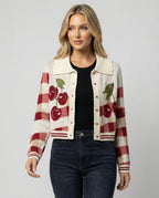 Knitted Cardigan Cherry Gingham Collared Women's Cropped Button-Up – Casual, Holiday, Gift