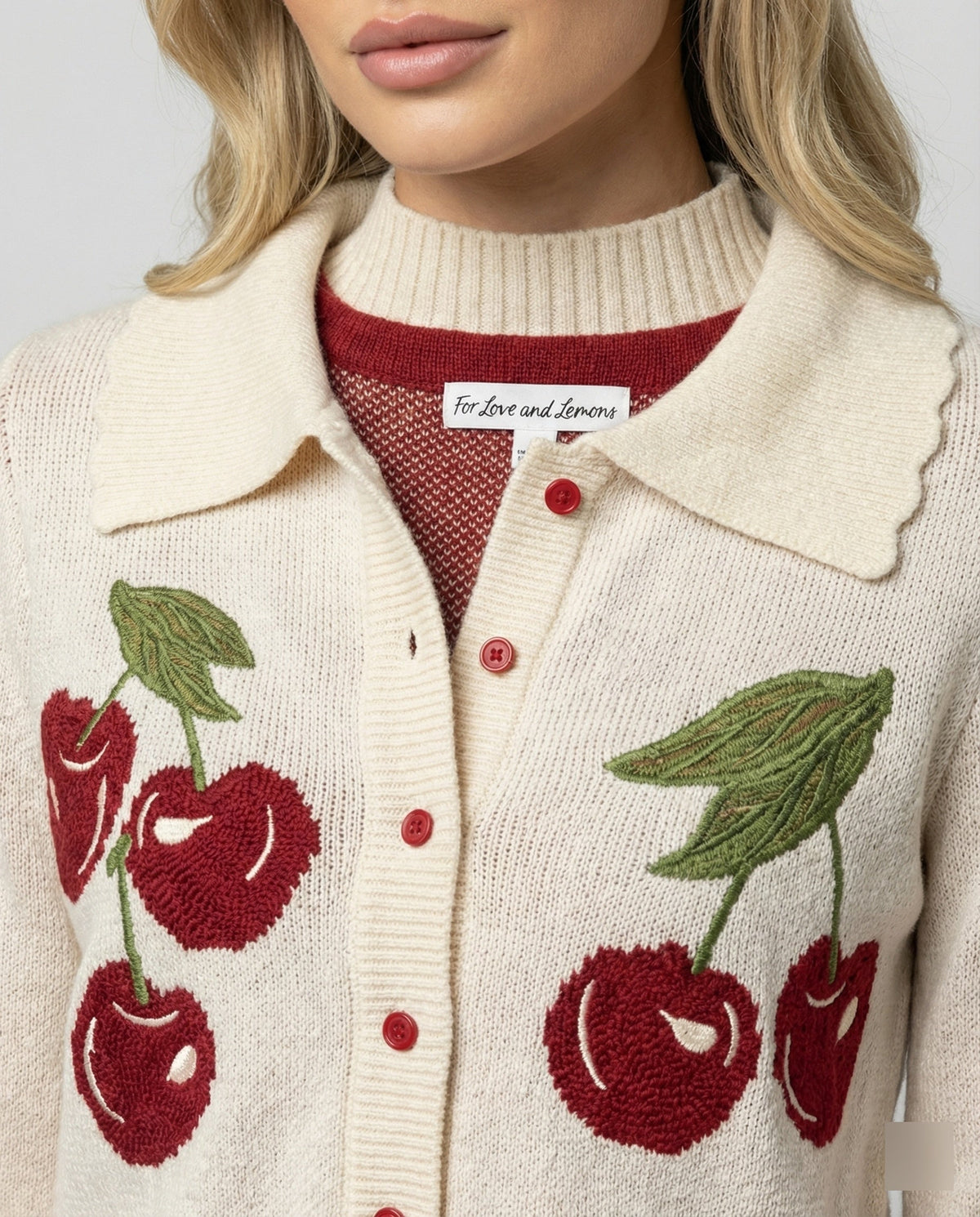 Knitted Cardigan Cherry Gingham Collared Women's Cropped Button-Up – Casual, Holiday, Gift