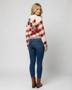 Knitted Cardigan Cherry Gingham Collared Women's Cropped Button-Up – Casual, Holiday, Gift