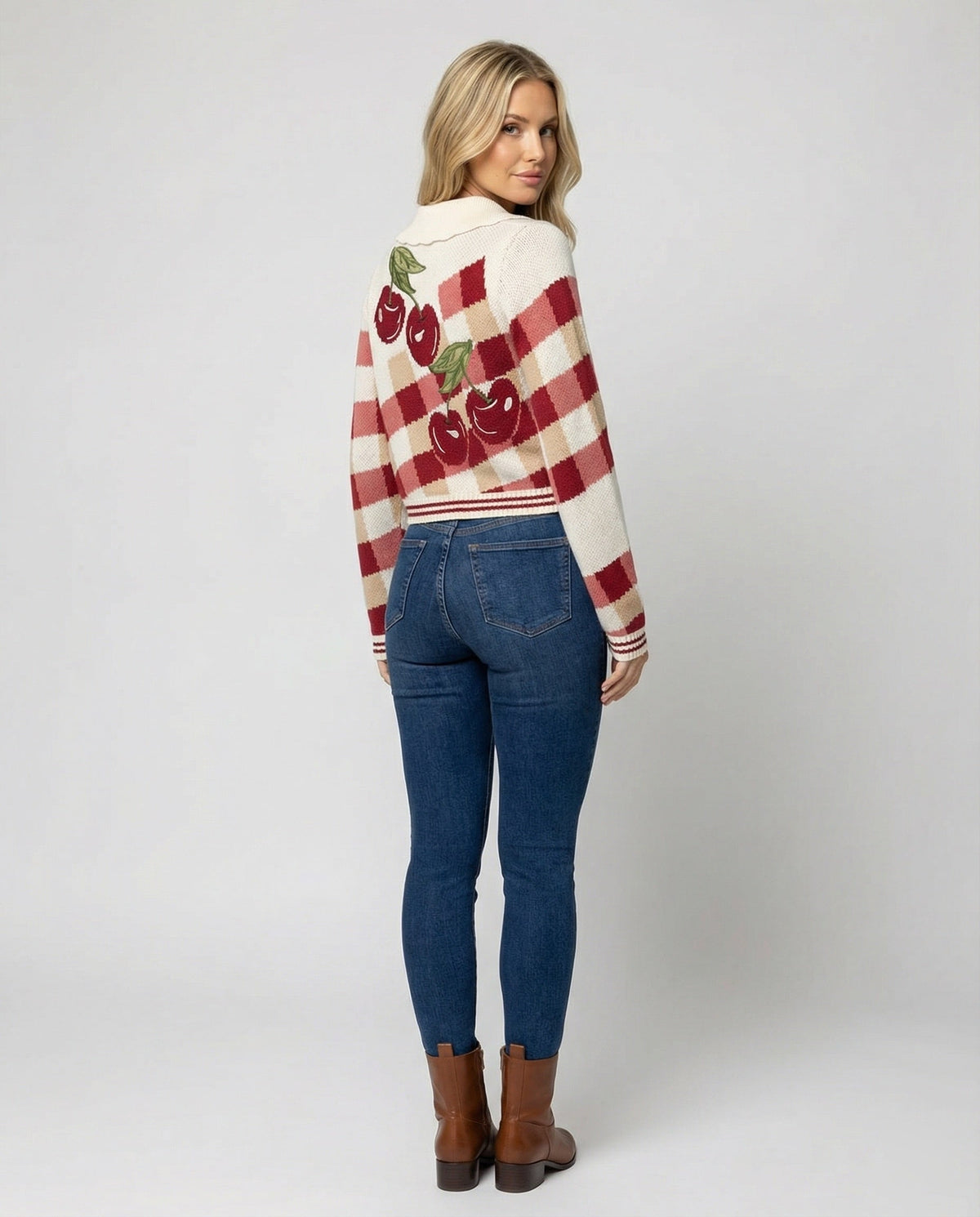 Knitted Cardigan Cherry Gingham Collared Women's Cropped Button-Up – Casual, Holiday, Gift
