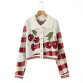 Knitted Cardigan Cherry Gingham Collared Women's Cropped Button-Up – Casual, Holiday, Gift