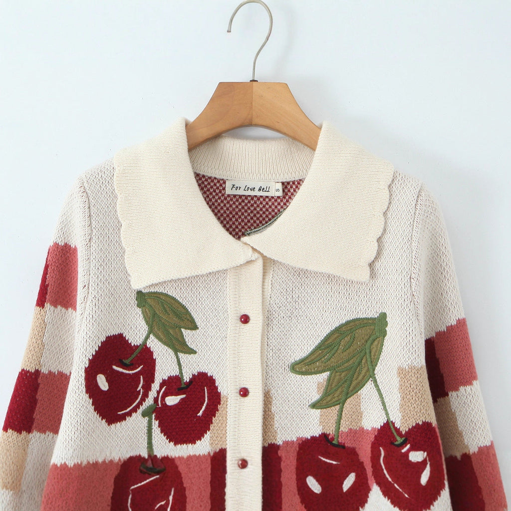 Knitted Cardigan Cherry Gingham Collared Women's Cropped Button-Up – Casual, Holiday, Gift