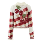 Knitted Cardigan Cherry Gingham Collared Women's Cropped Button-Up – Casual, Holiday, Gift