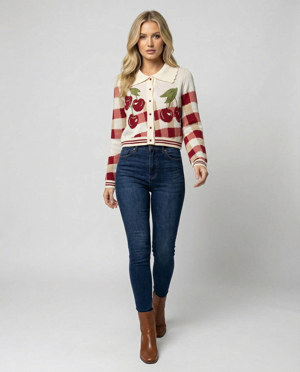 Knitted Cardigan Cherry Gingham Collared Women's Cropped Button-Up – Casual, Holiday, Gift