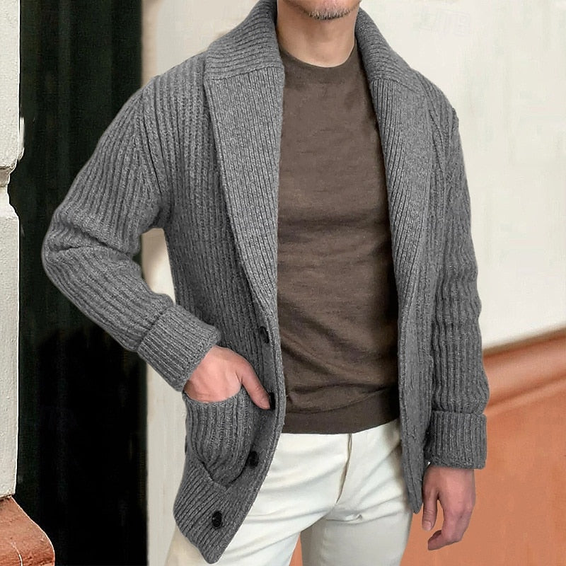 Knitted Cardigan Men's Shawl Collar Ribbed Sweater Black Long Sleeve – Casual, Office, Autumn, Gift