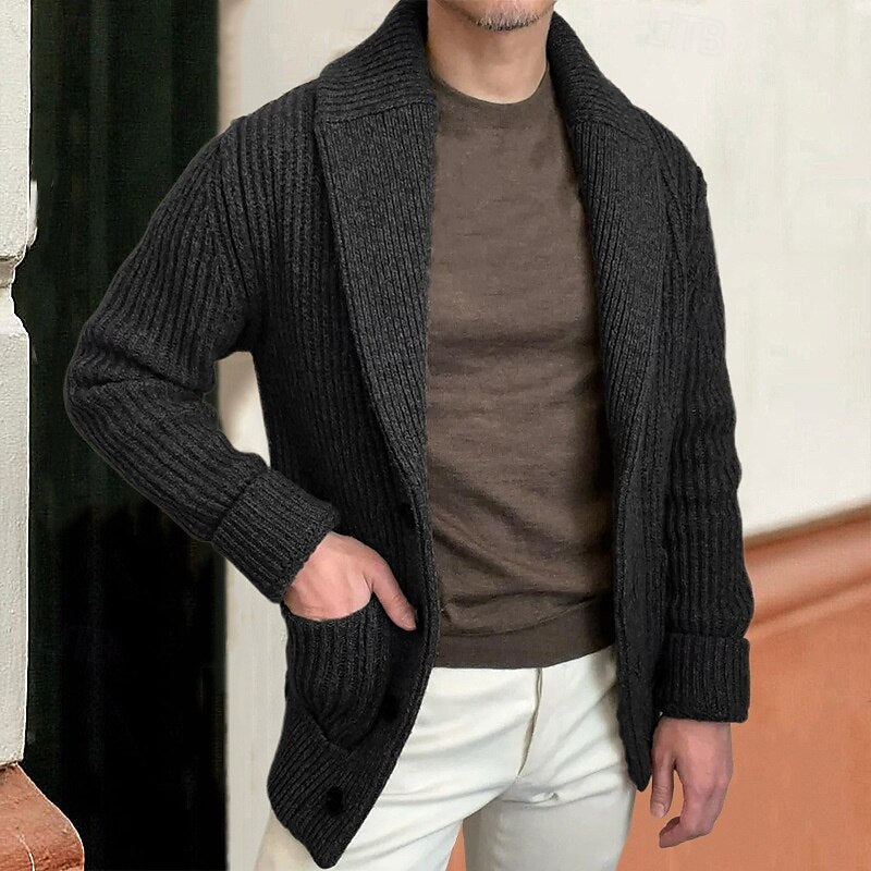 Knitted Cardigan Men's Shawl Collar Ribbed Sweater Black Long Sleeve – Casual, Office, Autumn, Gift