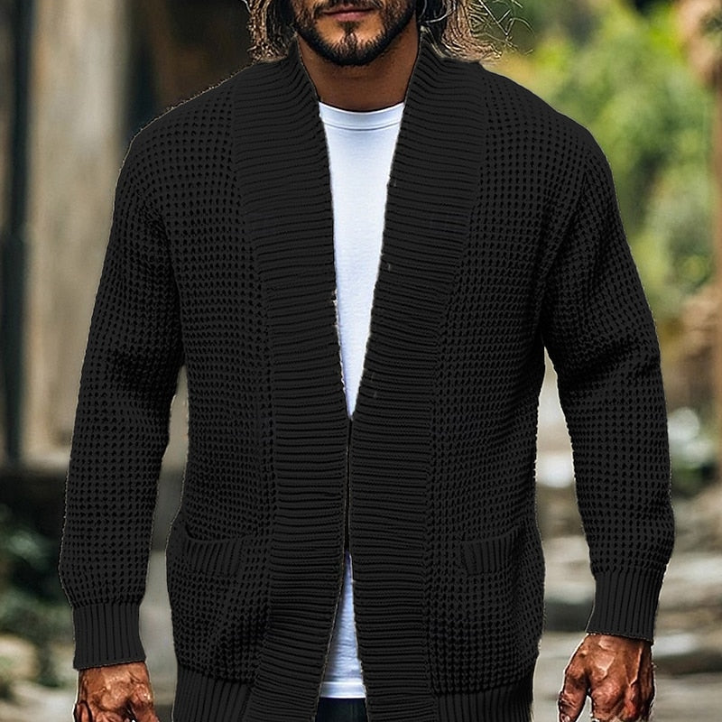 Knitted Cardigan Waffle Textured Open-Front Men's – Casual, Office, Holiday, Gift