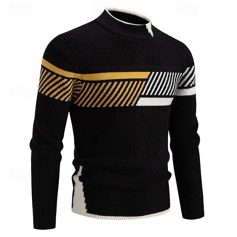 Knitted Jumper Ribbed Mock Neck Colour-Block Men's Long Sleeve Pullover – Casual, Office, Winter Gift