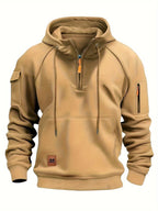 Men's Quarter-Zip Hoodie Black Tactical Cargo Pocket Pullover – Casual, Outdoor, Gift