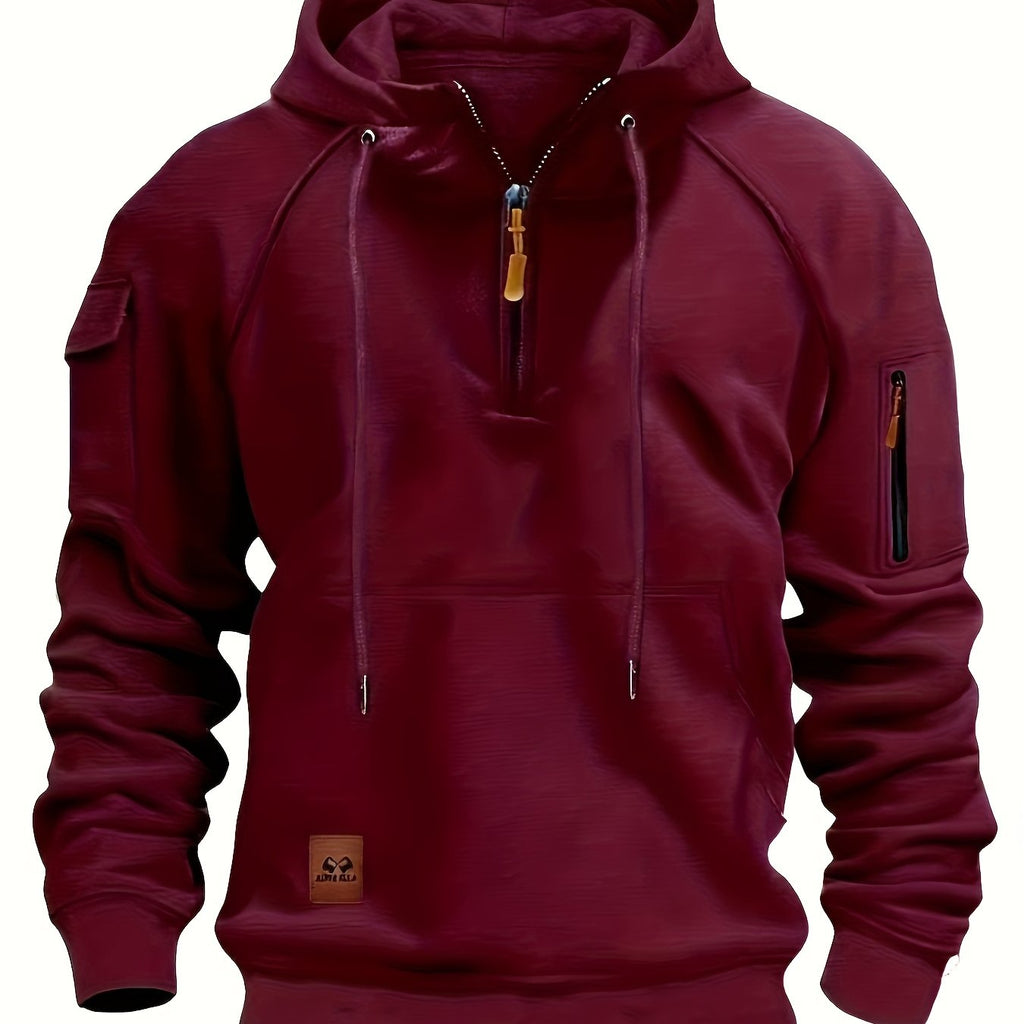 Men's Quarter-Zip Hoodie Black Tactical Cargo Pocket Pullover – Casual, Outdoor, Gift