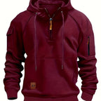 Men's Quarter-Zip Hoodie Black Tactical Cargo Pocket Pullover – Casual, Outdoor, Gift