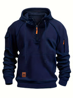 Men's Quarter-Zip Hoodie Black Tactical Cargo Pocket Pullover – Casual, Outdoor, Gift