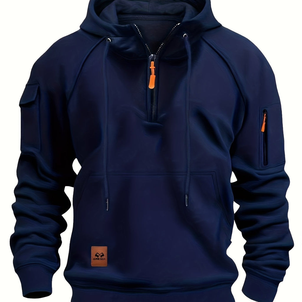 Men's Quarter-Zip Hoodie Black Tactical Cargo Pocket Pullover – Casual, Outdoor, Gift