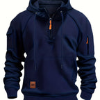 Men's Quarter-Zip Hoodie Black Tactical Cargo Pocket Pullover – Casual, Outdoor, Gift