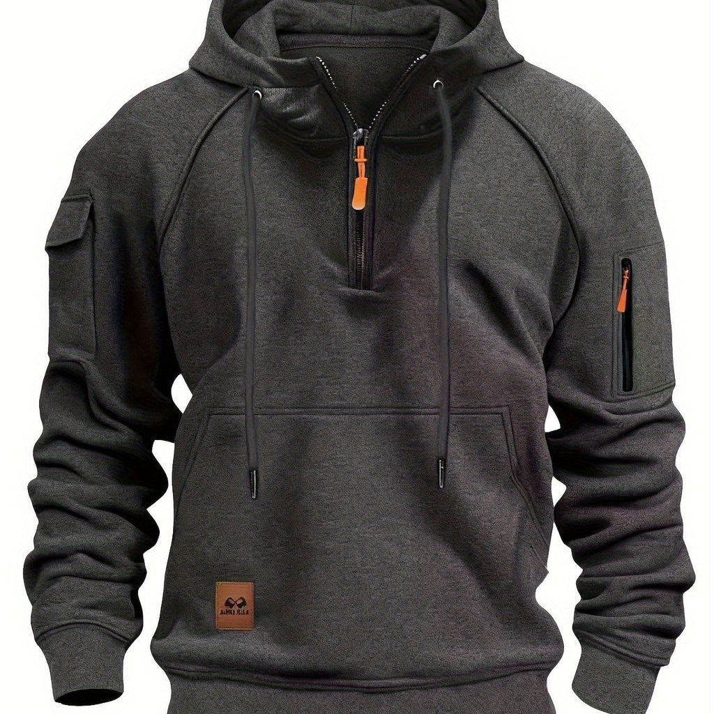 Men's Quarter-Zip Hoodie Black Tactical Cargo Pocket Pullover – Casual, Outdoor, Gift