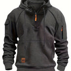 Men's Quarter-Zip Hoodie Black Tactical Cargo Pocket Pullover – Casual, Outdoor, Gift