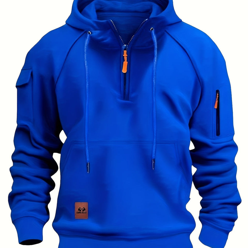 Men's Quarter-Zip Hoodie Black Tactical Cargo Pocket Pullover – Casual, Outdoor, Gift