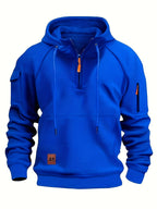 Men's Quarter-Zip Hoodie Black Tactical Cargo Pocket Pullover – Casual, Outdoor, Gift