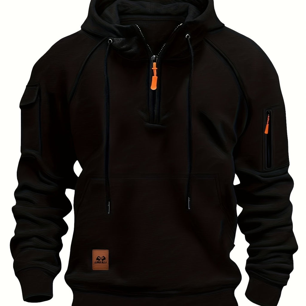 Men's Quarter-Zip Hoodie Black Tactical Cargo Pocket Pullover – Casual, Outdoor, Gift