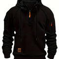 Men's Quarter-Zip Hoodie Black Tactical Cargo Pocket Pullover – Casual, Outdoor, Gift