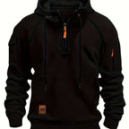 Men's Quarter-Zip Hoodie Black Tactical Cargo Pocket Pullover – Casual, Outdoor, Gift