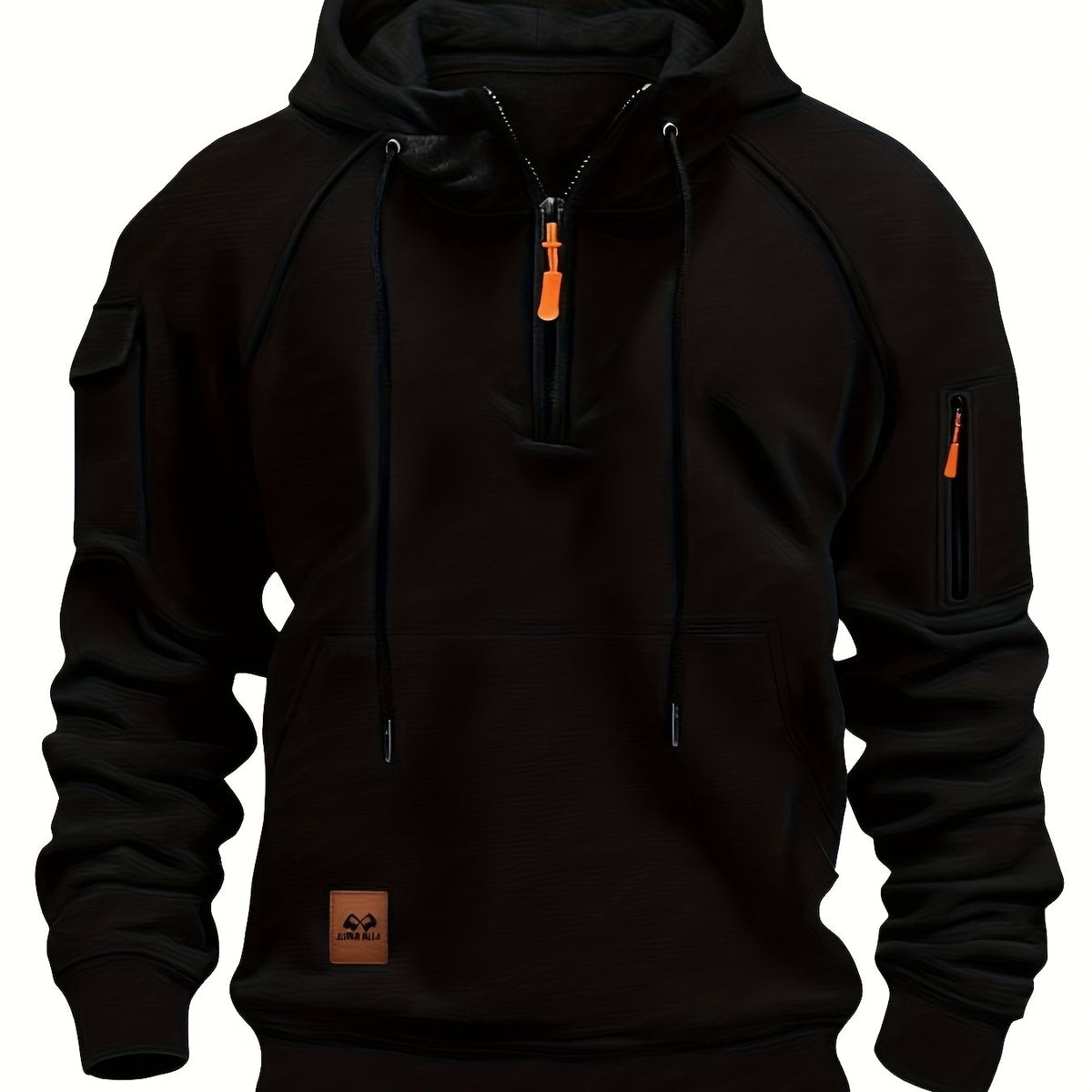 Men's Quarter-Zip Hoodie Black Tactical Cargo Pocket Pullover – Casual, Outdoor, Gift