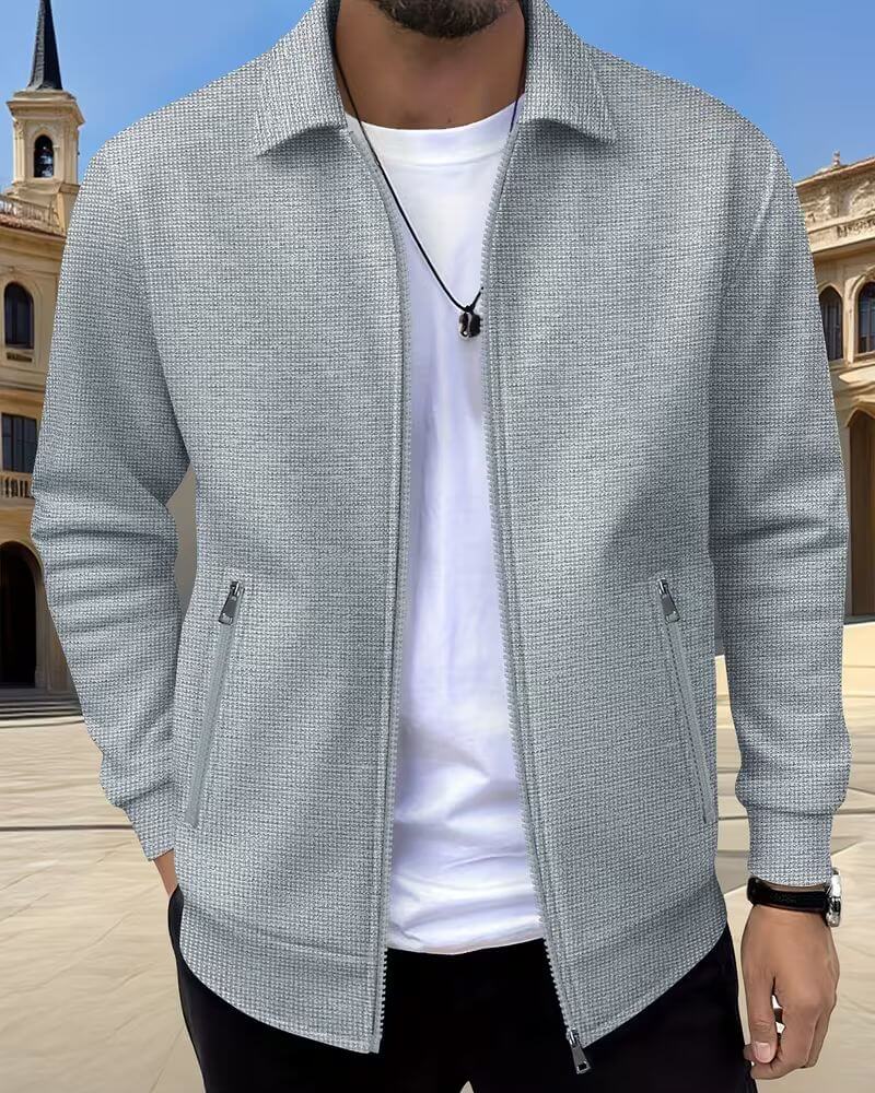 Men's Zip-Up Jacket Textured Waffle Knit Beige Lapel Collar – Casual, Office, Everyday Smart Layering