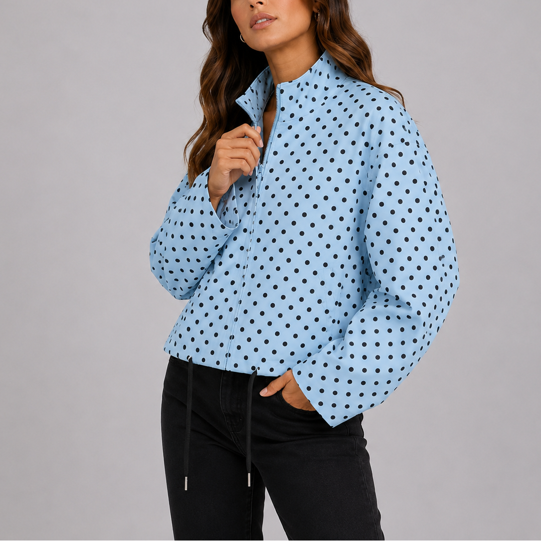 Polka Dot Bomber Jacket Navy Women's Stand Collar Zip-Up – Casual, Office, Holiday, Gift