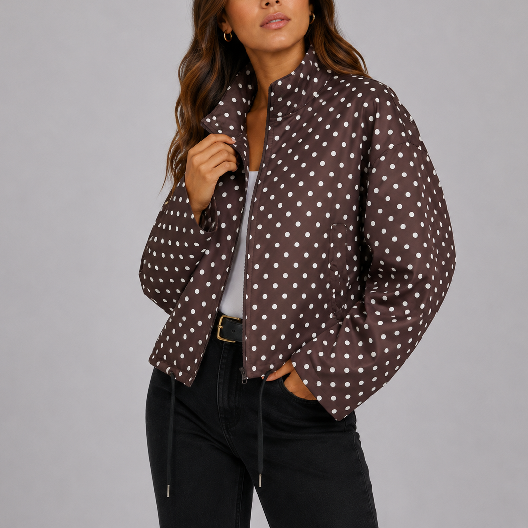 Polka Dot Bomber Jacket Navy Women's Stand Collar Zip-Up – Casual, Office, Holiday, Gift