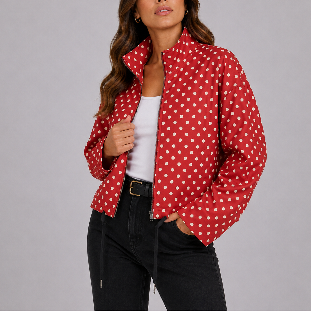 Polka Dot Bomber Jacket Navy Women's Stand Collar Zip-Up – Casual, Office, Holiday, Gift