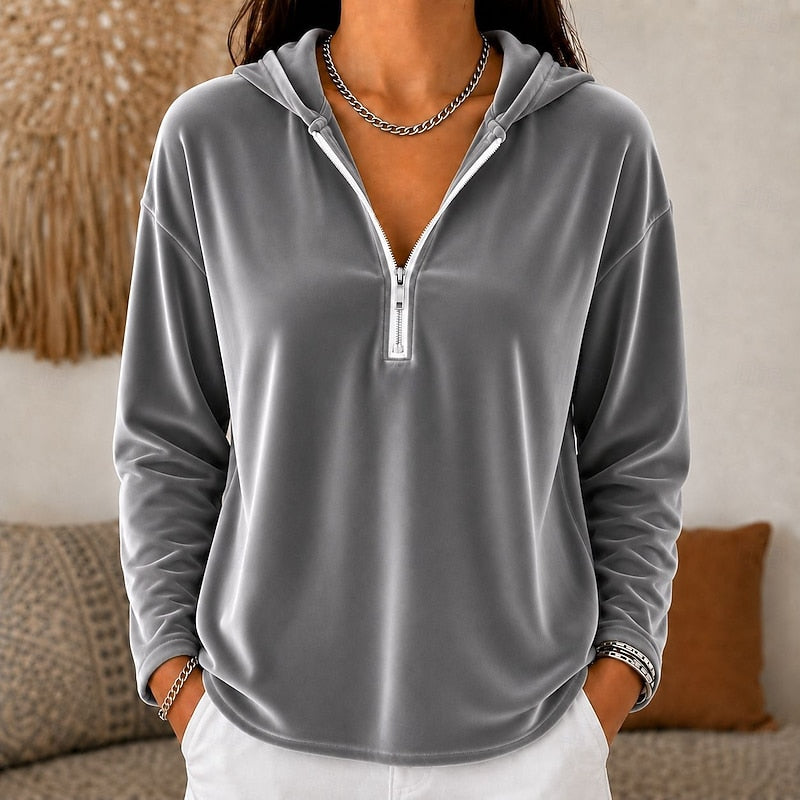Quarter-Zip Hoodie Velvet Navy Blue Women's Long Sleeve Pullover – Casual, Office, Holiday, Gift