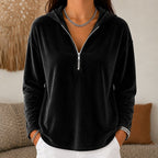 Quarter-Zip Hoodie Velvet Navy Blue Women's Long Sleeve Pullover – Casual, Office, Holiday, Gift