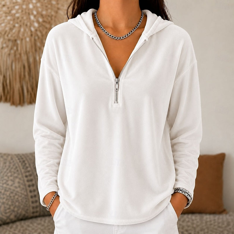 Quarter-Zip Hoodie Velvet Navy Blue Women's Long Sleeve Pullover – Casual, Office, Holiday, Gift