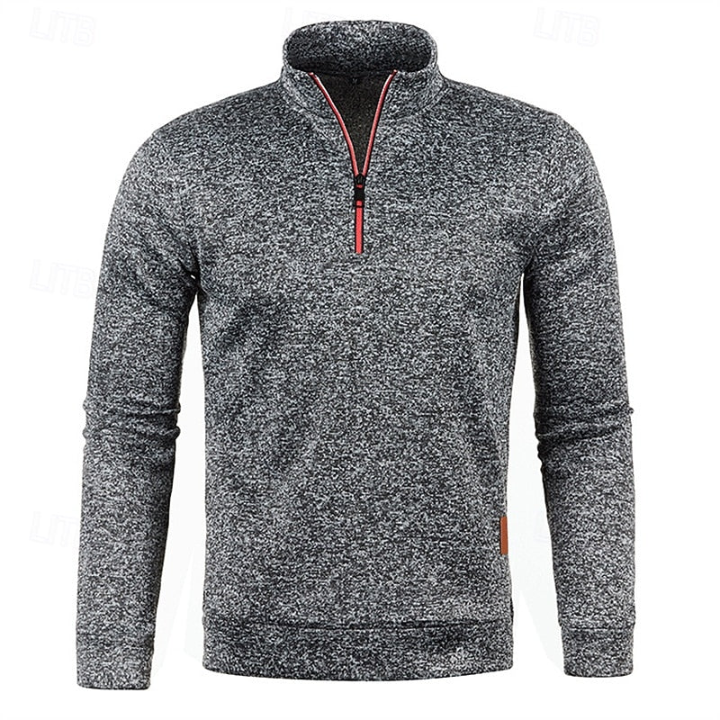 Quarter-Zip Pullover Sweater Men's Brown Marled Long Sleeve Stand Collar – Casual, Office