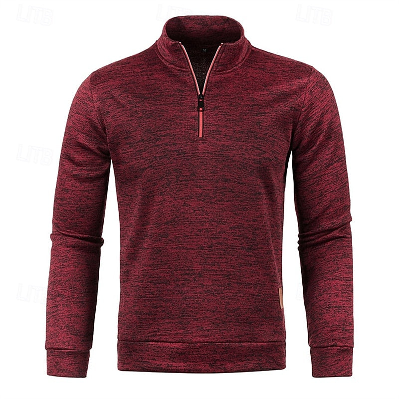 Quarter-Zip Pullover Sweater Men's Brown Marled Long Sleeve Stand Collar – Casual, Office