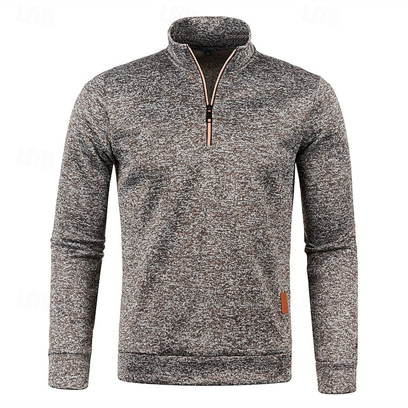 Quarter-Zip Pullover Sweater Men's Brown Marled Long Sleeve Stand Collar – Casual, Office
