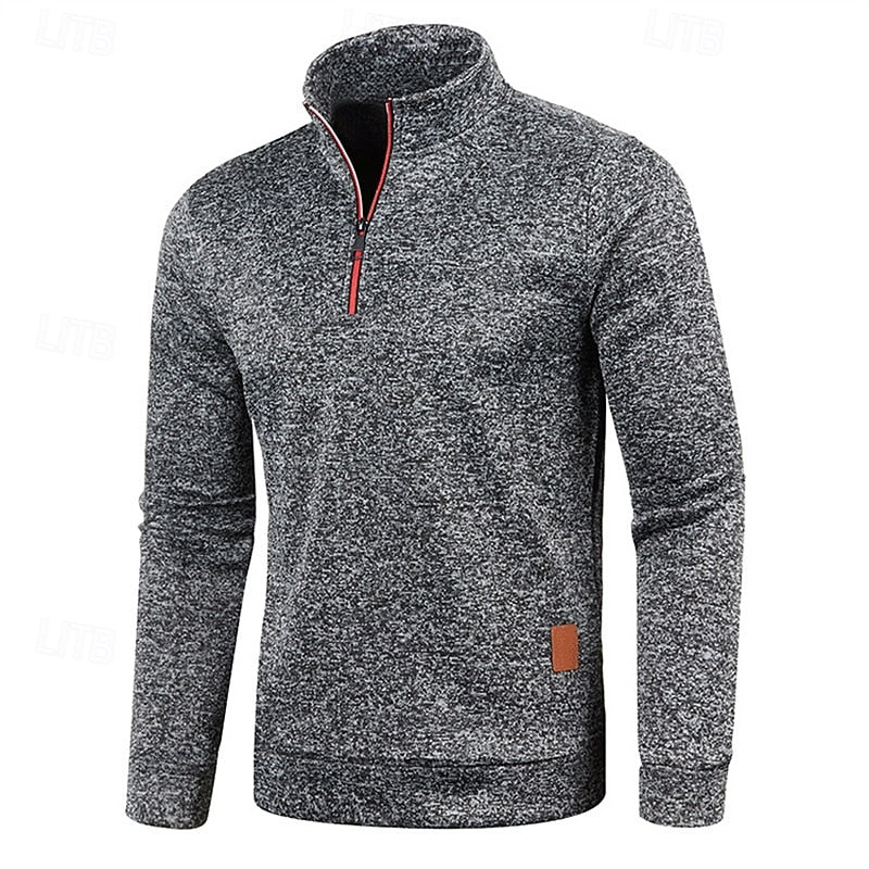 Quarter-Zip Pullover Sweater Men's Brown Marled Long Sleeve Stand Collar – Casual, Office