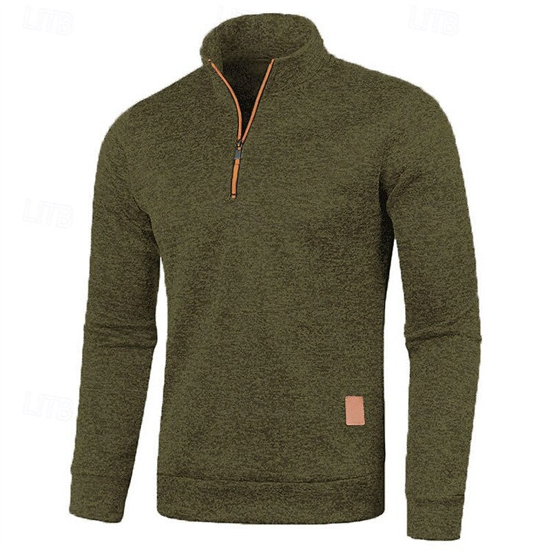 Quarter-Zip Pullover Sweater Men's Brown Marled Long Sleeve Stand Collar – Casual, Office