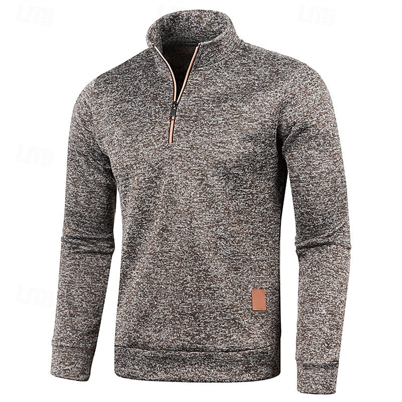 Quarter-Zip Pullover Sweater Men's Brown Marled Long Sleeve Stand Collar – Casual, Office