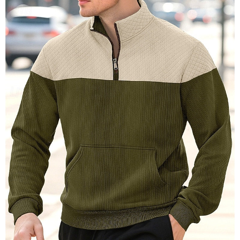 Quarter-Zip Pullover Sweatshirt Ribbed Colour Block Men's Stand Collar – Casual, Office, Gift