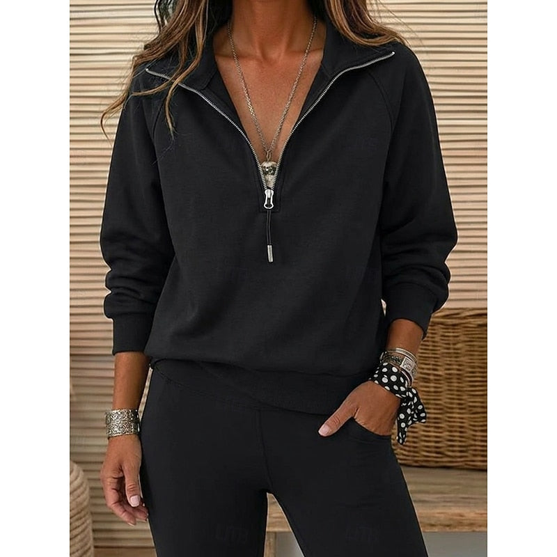 Quarter-Zip Sweatshirt Navy Blue Long Sleeve Lapel Collar Women's Pullover – Casual, Office, Gift